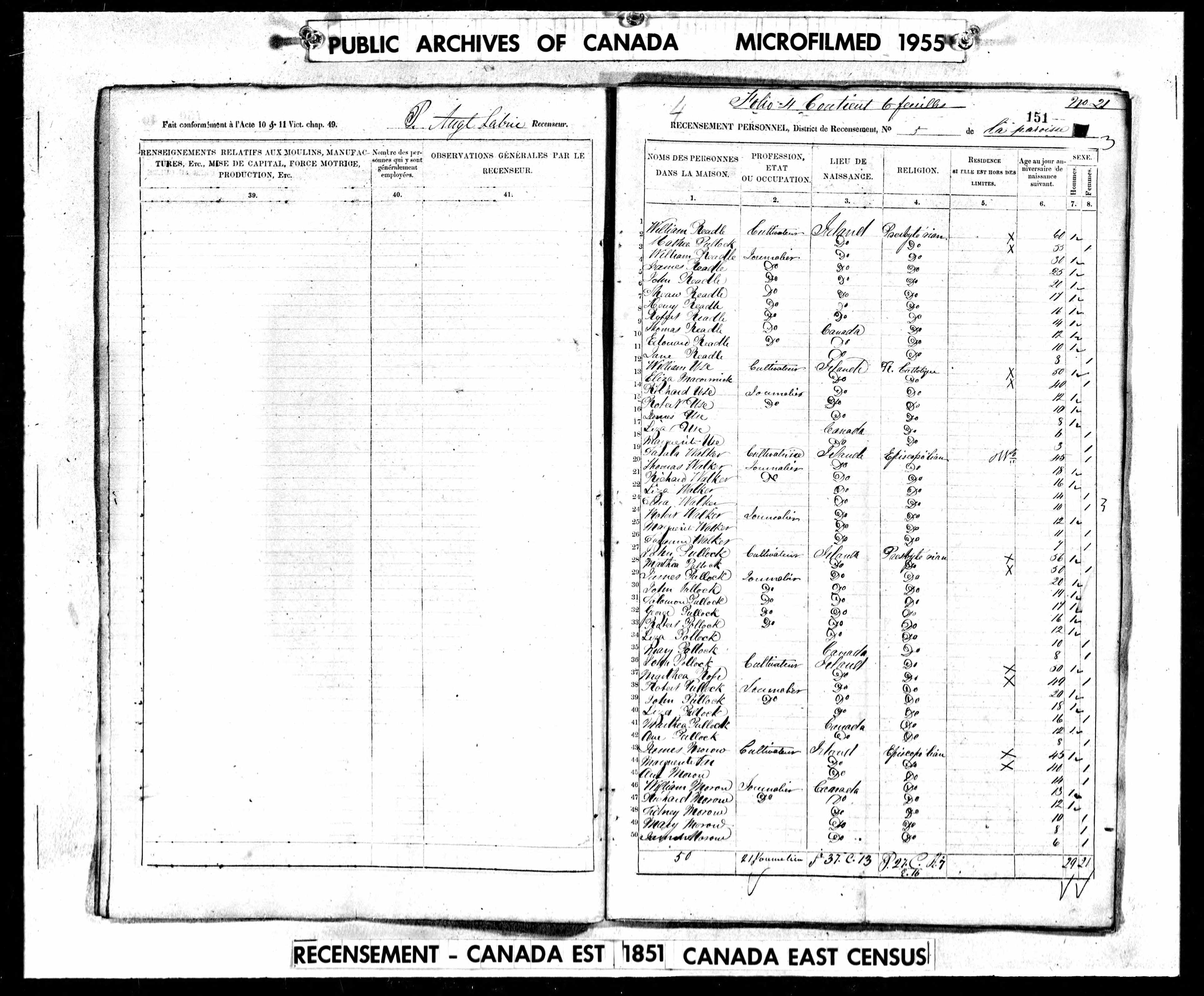 1851 Canadian Census William Readle