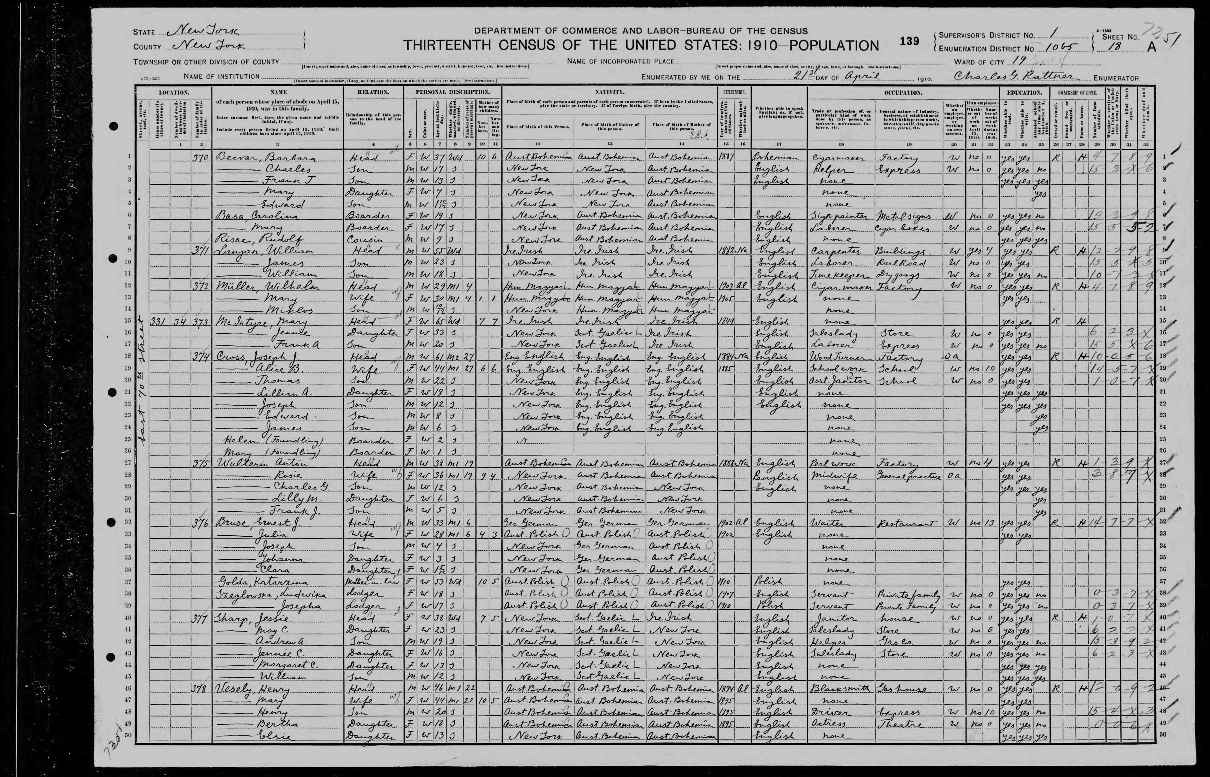 1910 US Census Ernest J Bruse