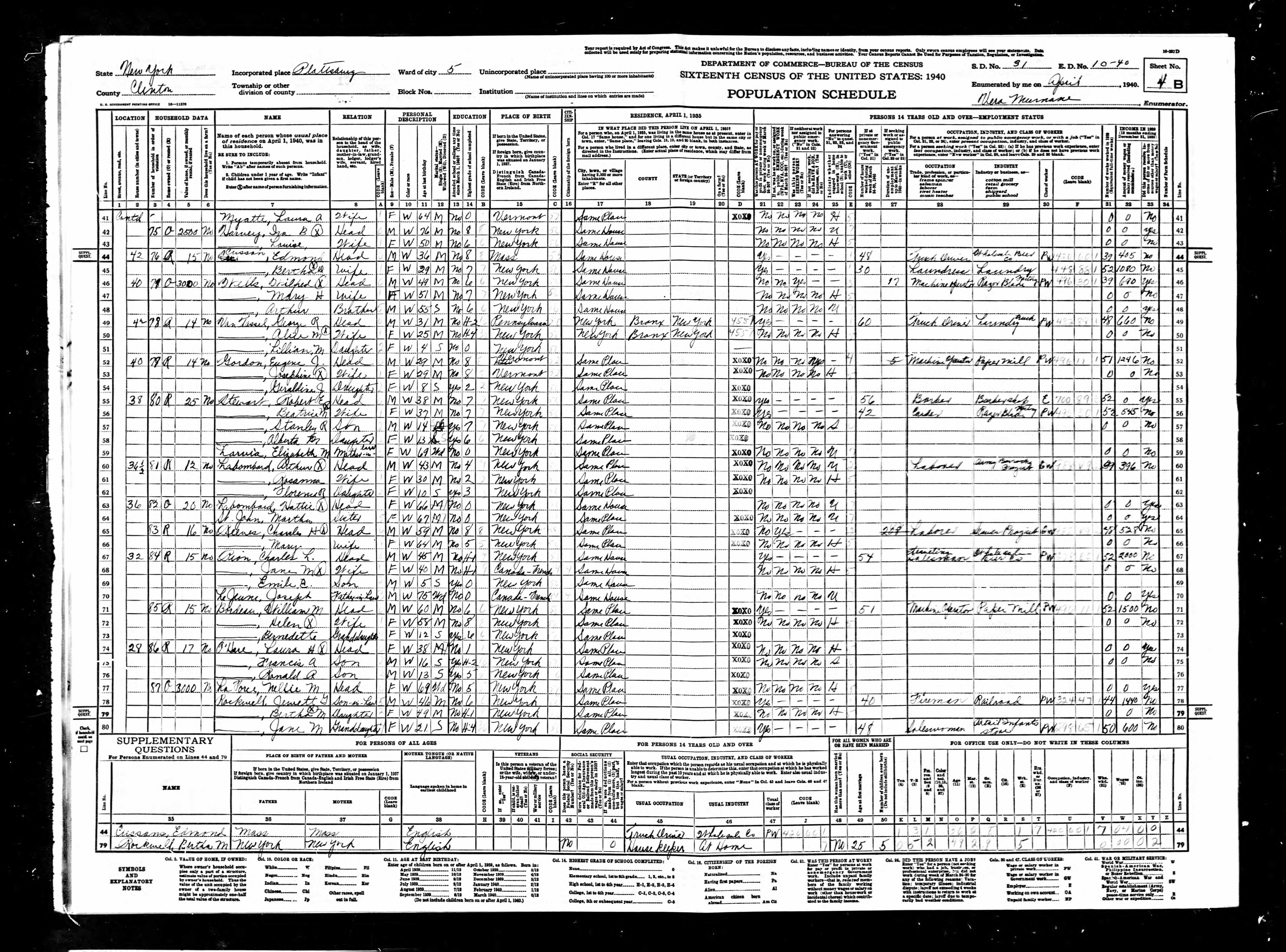 1940 US Census William M Bordeau