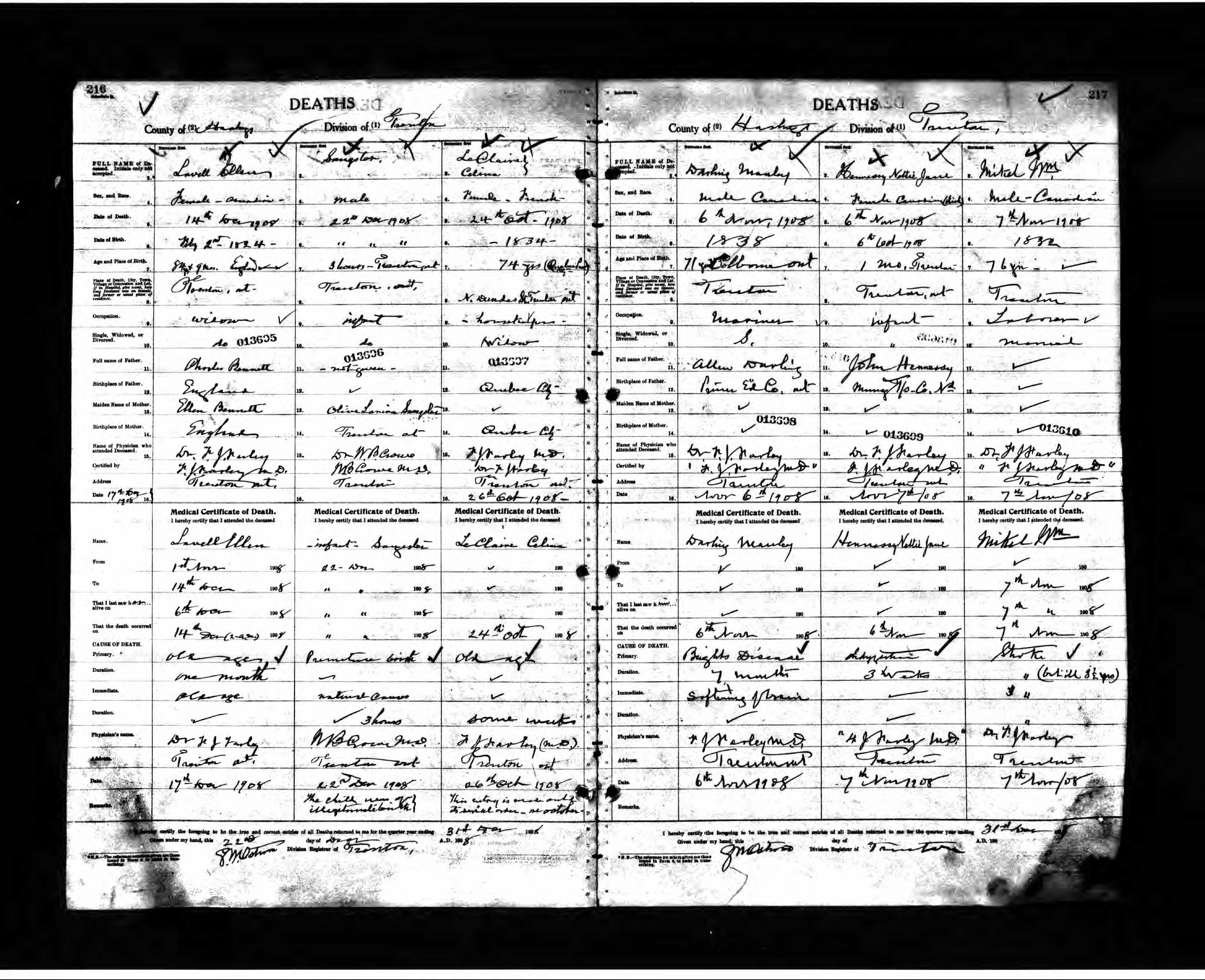 1908 Death Certificate Ellen Bennett Lavell