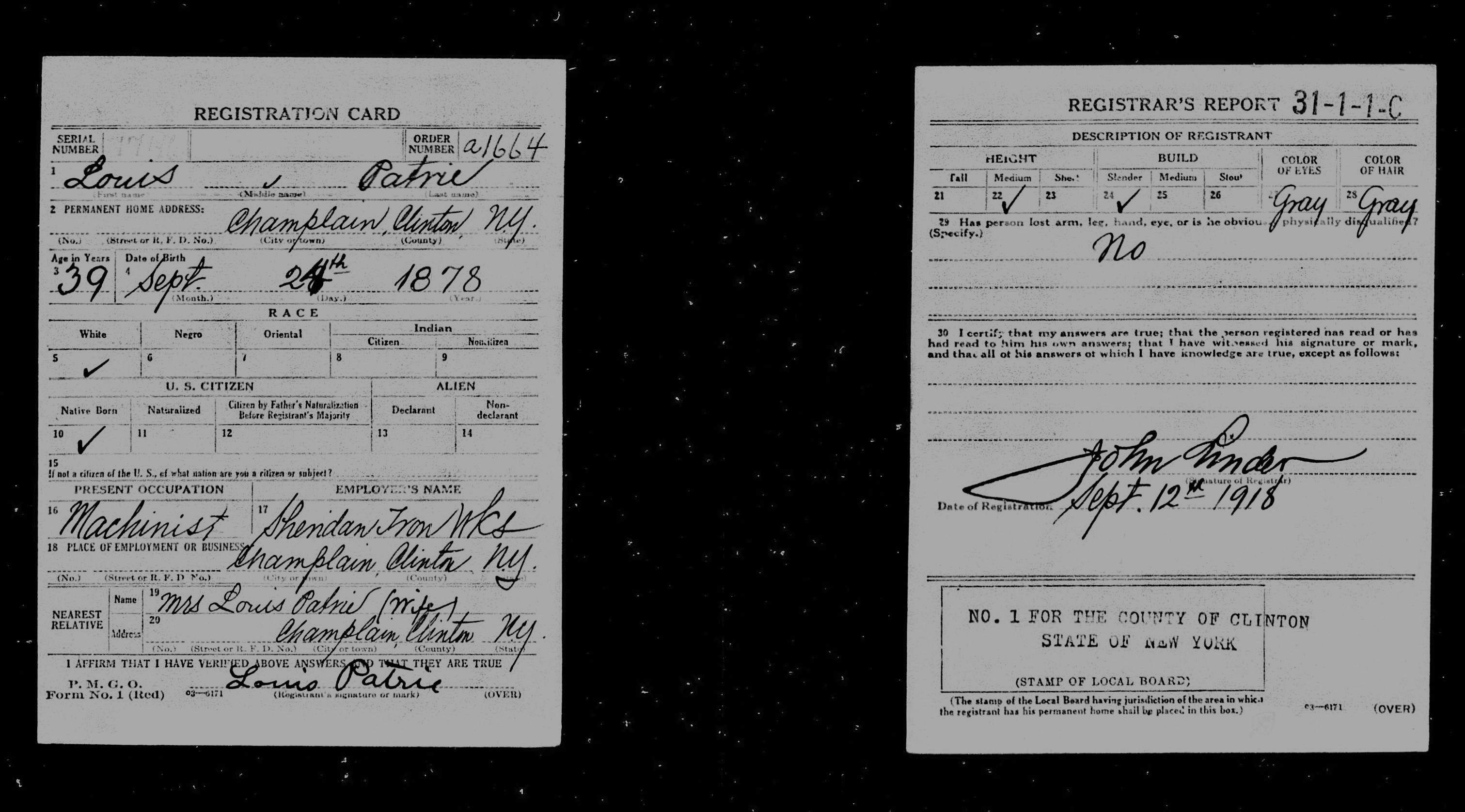 1918 Draft Card Louis Patrie